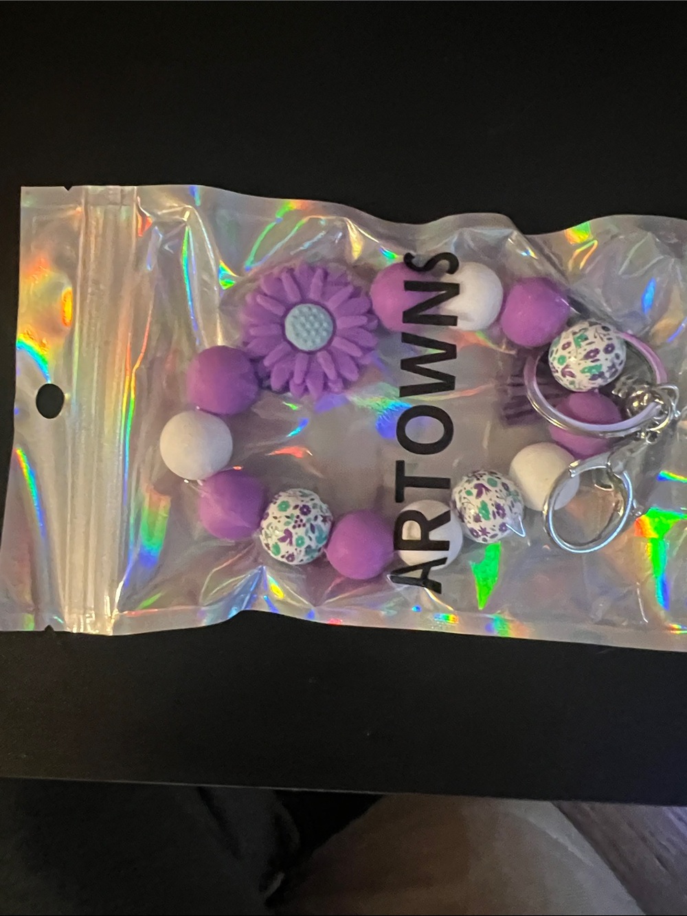 Purple Floral Silicone Beaded Keychain Bracelet